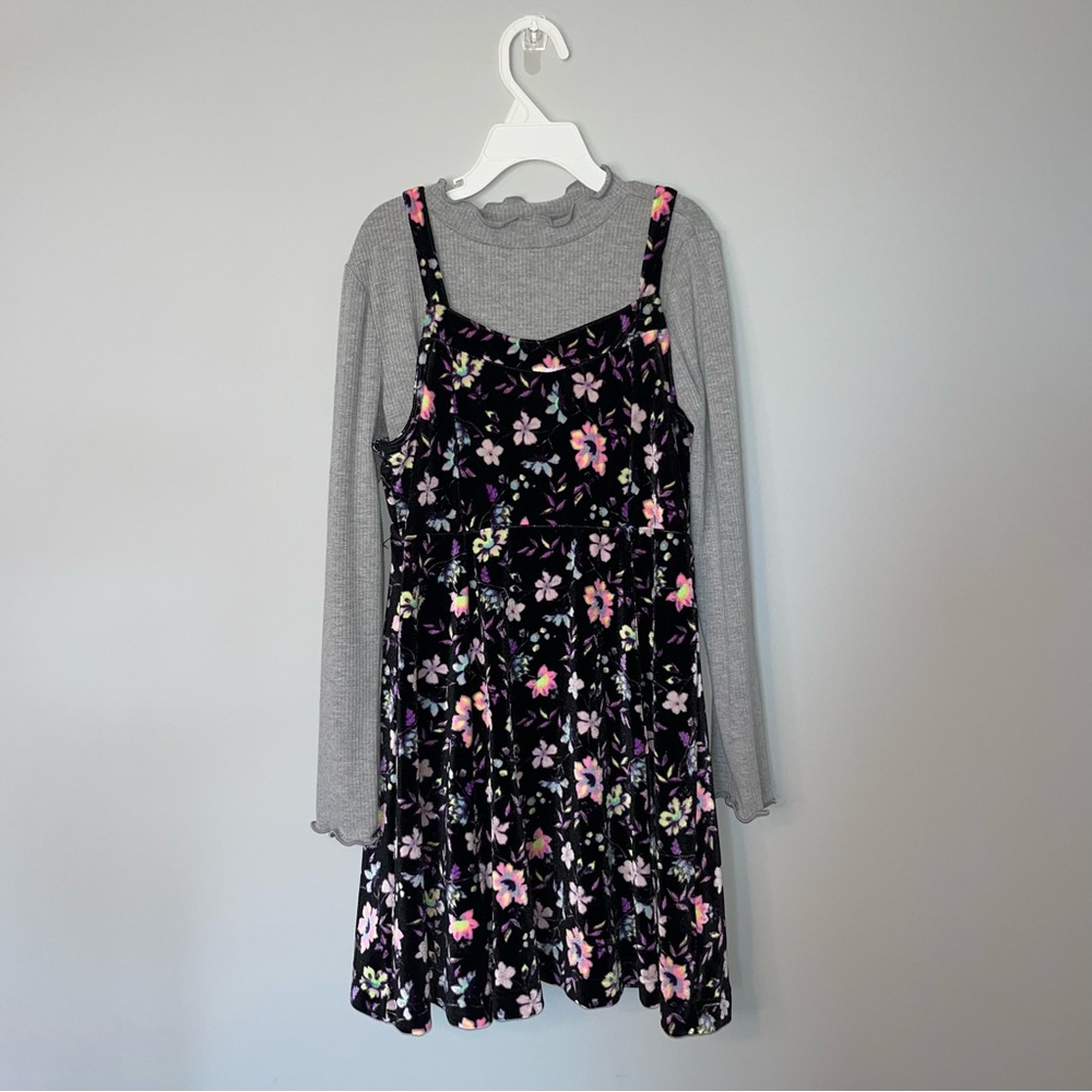 Justice Floral Velour Kids Dress with Gray Long Sleeve Youth Small